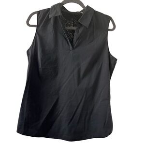 Tahari Black Split Neck Lace Back Sleeveless Top size Large